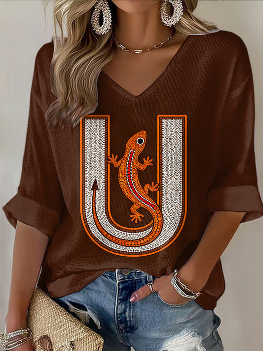 Retro Australian Pointillist Animal Art Print Casual Cotton Waffle Long Sleeve T-Shirt