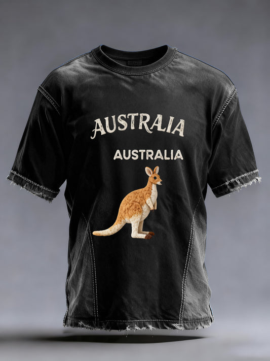 Vintage Australian Felt Art Kangaroo  Print Casual Patchwork Distressed Short Sleeve T-Shirt