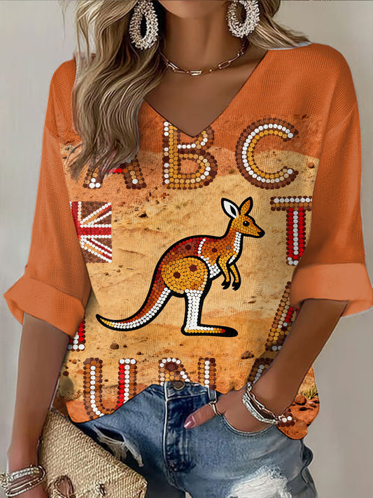 Retro Australian Dot Art Kangaroo Print Casual Cotton Waffle Long Sleeve T-Shirt
