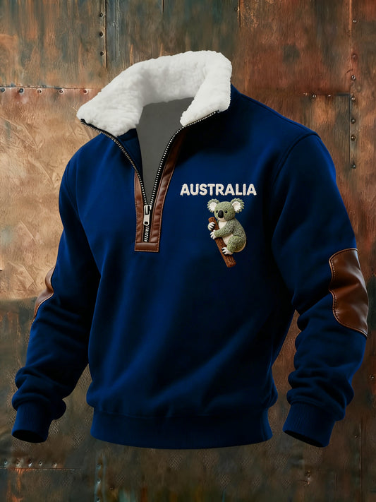 Retro Australian Koala Print Baggy Zip-up Sweatshirt