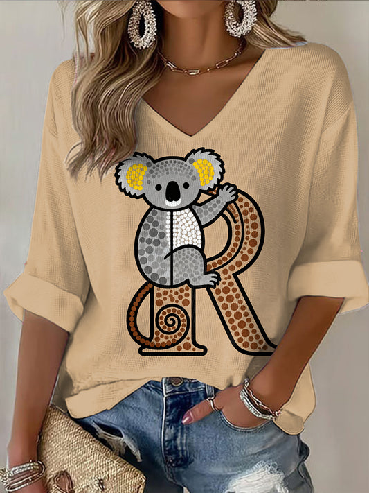 Retro Australian Pointillist Animal Art Print Casual Cotton Waffle Long Sleeve T-Shirt