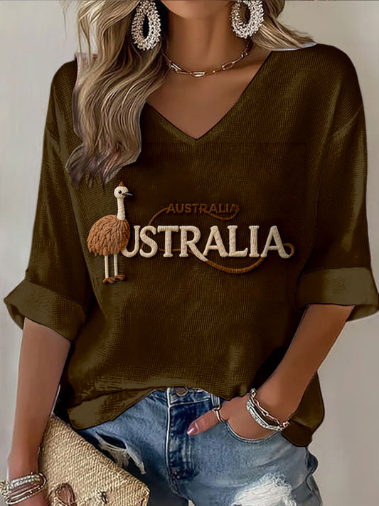 Retro Australian Felt Animals Print Casual Cotton Waffle Long Sleeve T-Shirt