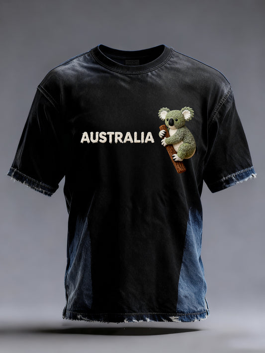 Vintage Australian Felt Art Koala  Print Casual Patchwork Distressed Short Sleeve T-Shirt