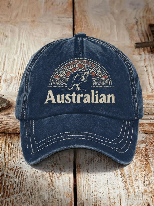 Vintage Australian Badge Kangaroo Casual Print Washed Hat
