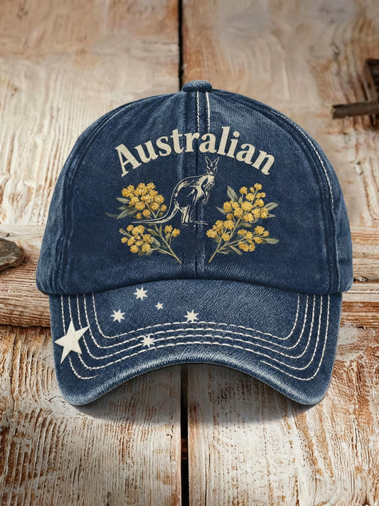 Retro Australian Emblem Kangaroo Golden Wattle  Casual Print Washed Hat