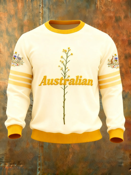 Retro Australian Badge Golden Wattle  Print Casual Long Sleeve Crew Neck Sweatshirt