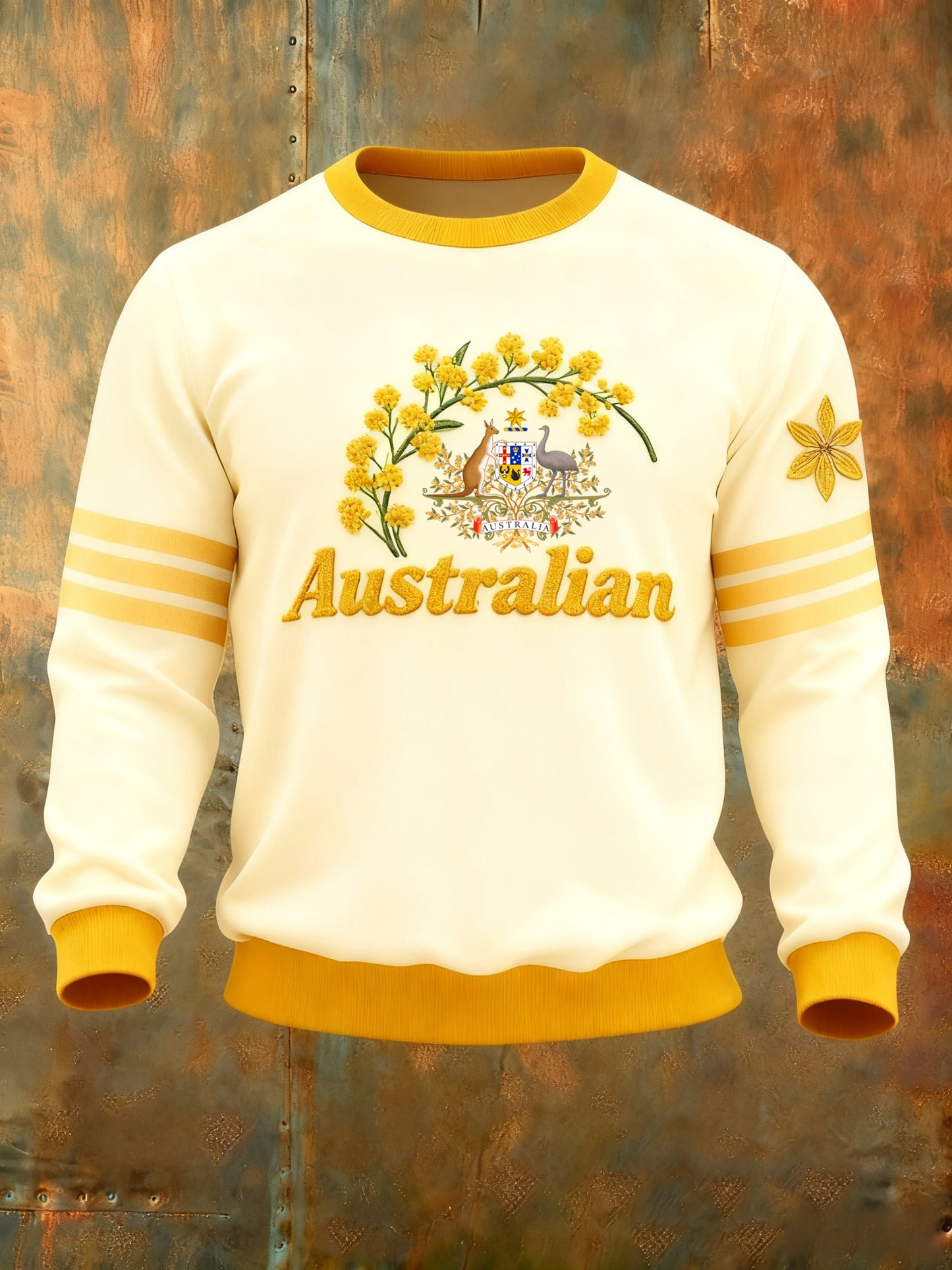 Retro Australian Badge Golden Wattle  Print Casual Long Sleeve Crew Neck Sweatshirt