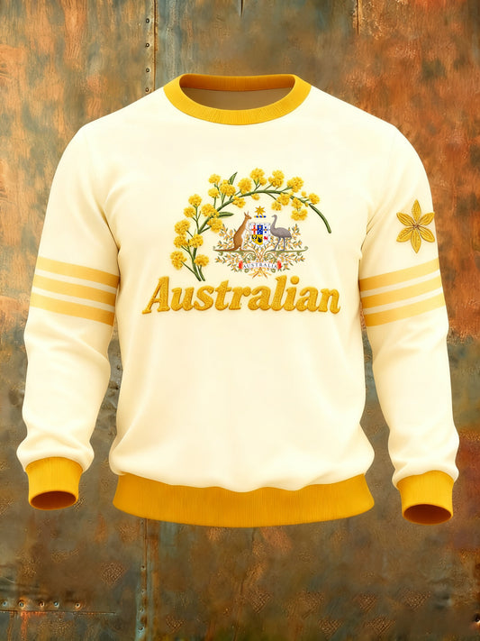 Retro Australian Badge Golden Wattle  Print Casual Long Sleeve Crew Neck Sweatshirt