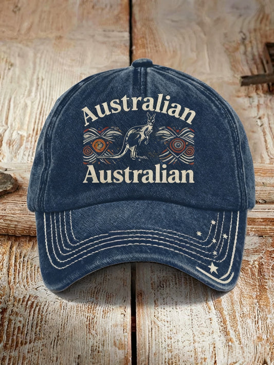 Vintage Australian Badge Kangaroo Casual Print Washed Hat