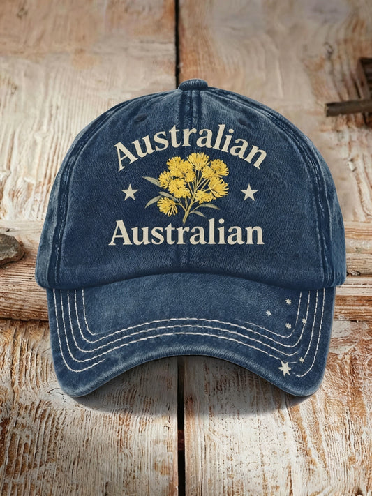 Retro Australian Emblem Golden Wattle  Casual Print Washed Hat
