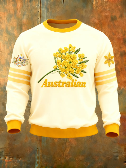 Retro Australian Badge Golden Wattle  Print Casual Long Sleeve Crew Neck Sweatshirt