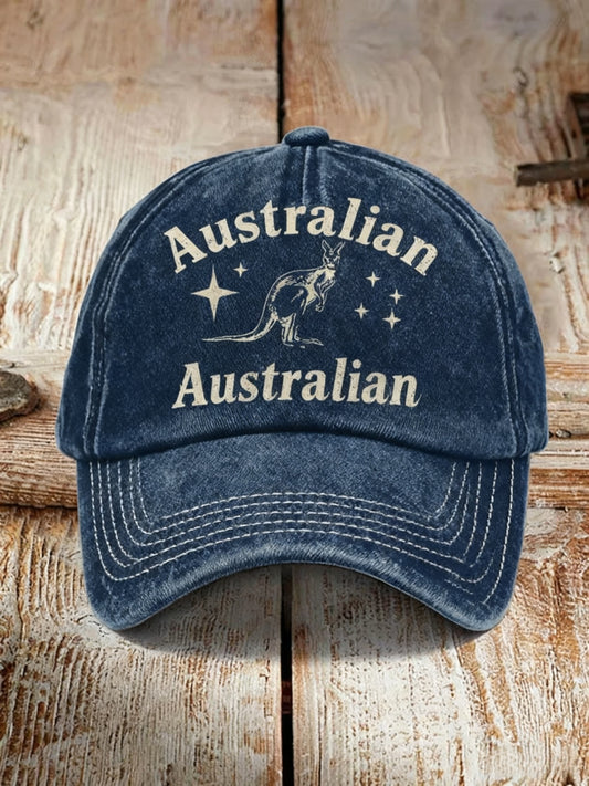 Vintage Australian Badge Kangaroo Casual Print Washed Hat