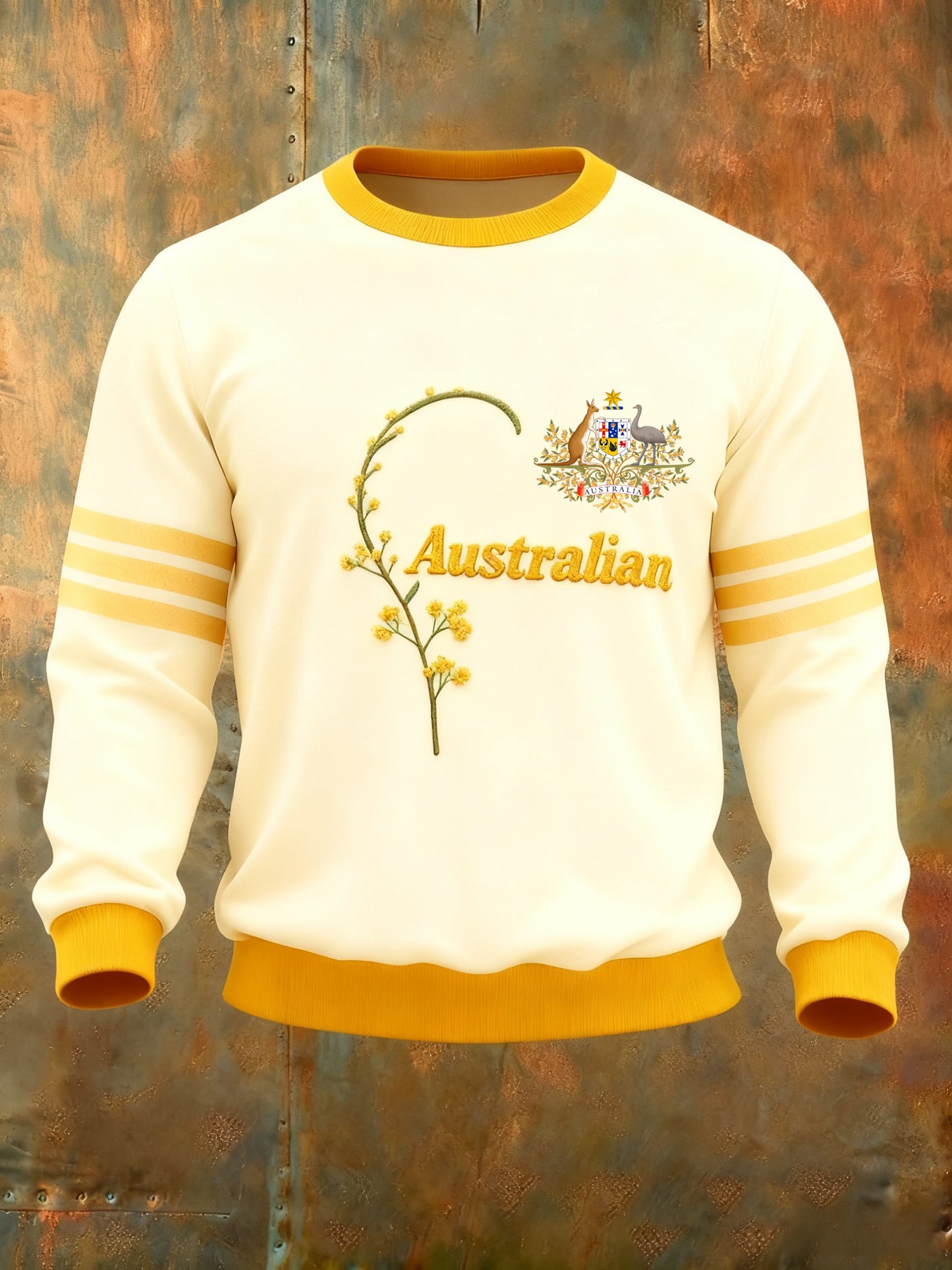 Retro Australian Badge Golden Wattle  Print Casual Long Sleeve Crew Neck Sweatshirt