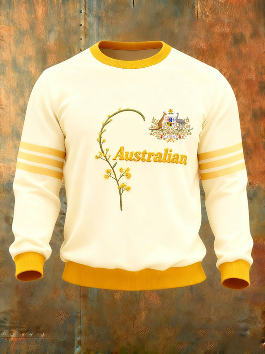 Retro Australian Badge Golden Wattle  Print Casual Long Sleeve Crew Neck Sweatshirt