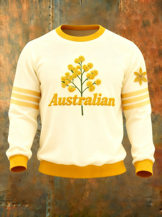Retro Australian Badge Golden Wattle  Print Casual Long Sleeve Crew Neck Sweatshirt