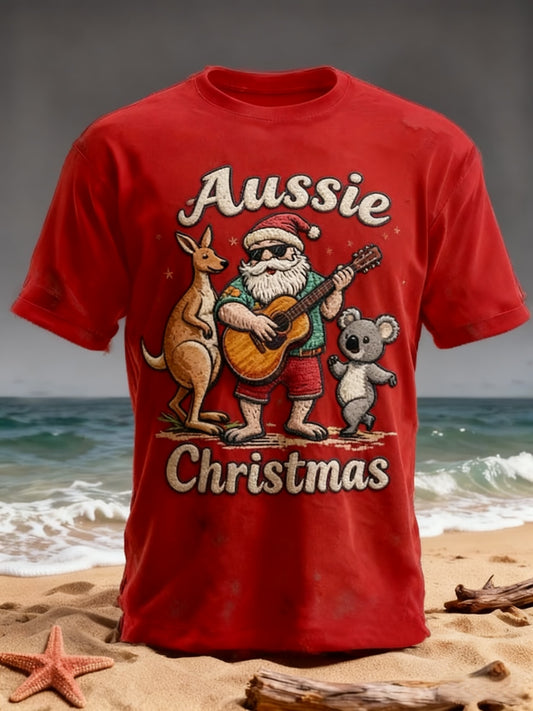 Retro Australian Christmas Beach Koala  Kangaroo Print Casual Cotton Short Sleeve T-Shirt