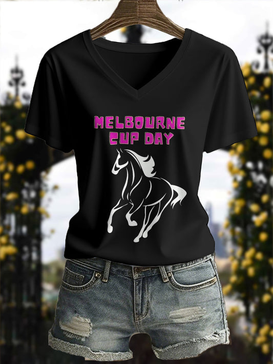 Women's Melbourne Cup Day Horses Lover Printed T-shirt