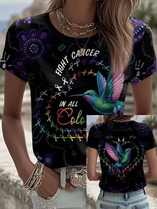 Women's Fight Cancer In All Color Printed T-shirt