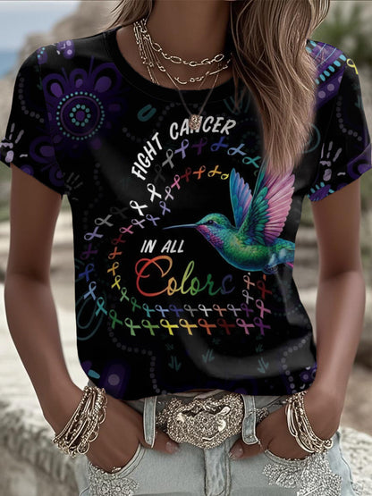 Women's Fight Cancer In All Color Printed T-shirt