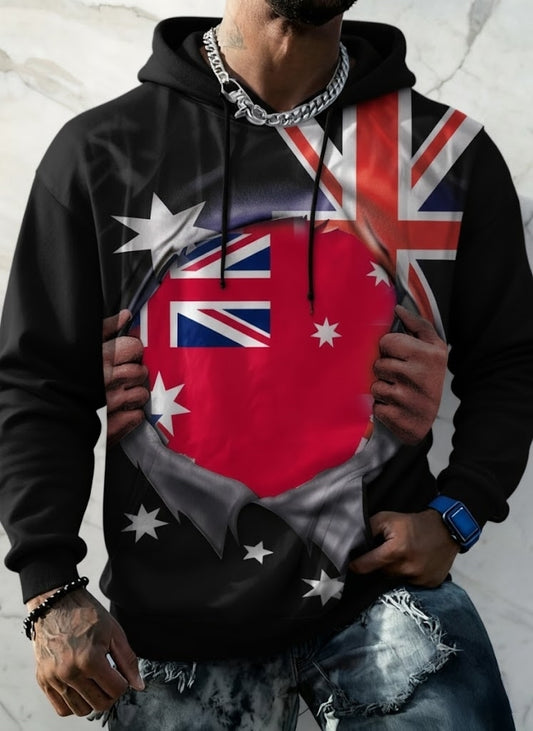 Retro Australian Flag Abstract Print Casual Long Sleeve Hooded Sweatshirt