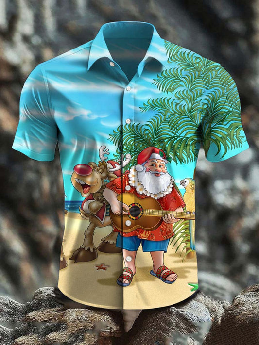 Men's  Retro Australian Christmas Beach Art Abstract Print Casual Cotton Short Sleeve Shirt