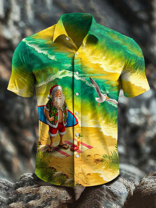 Men's  Retro Australian Christmas Beach Art Abstract Print Casual Cotton Short Sleeve Shirt