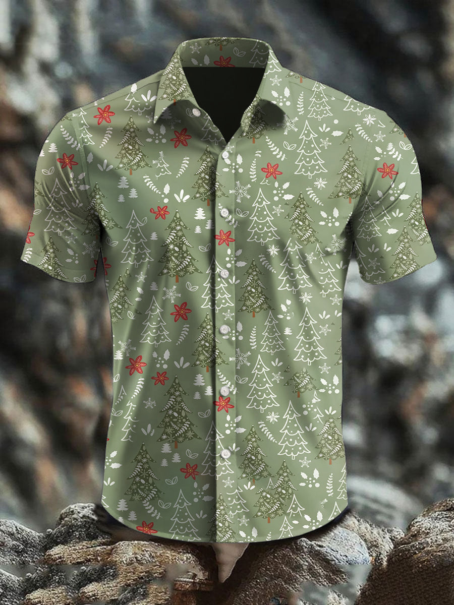 Men's  Retro Christmas Tree Art Abstract Print Casual Cotton Short Sleeve Shirt