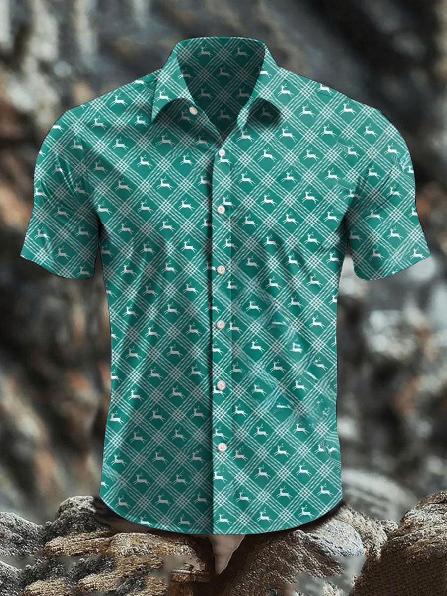 Men's  Vintage Christmas Deer Art Abstract Print Casual Cotton Short Sleeve Shirt