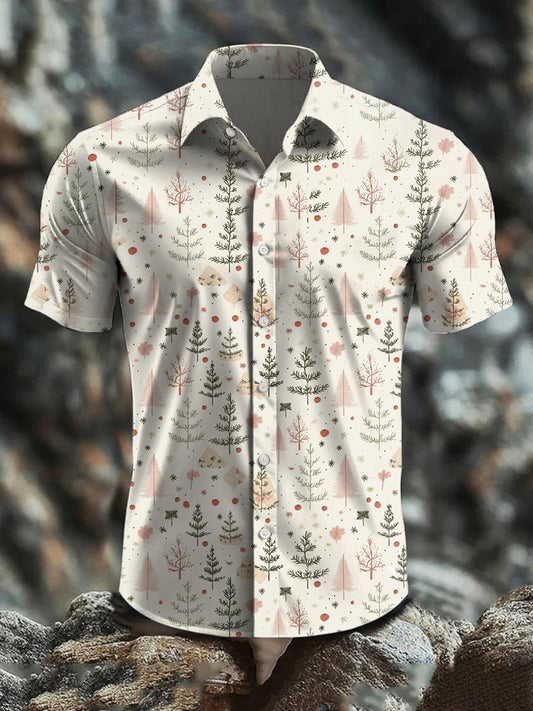 Men's  Retro Christmas Tree Art Abstract Print Casual Cotton Short Sleeve Shirt