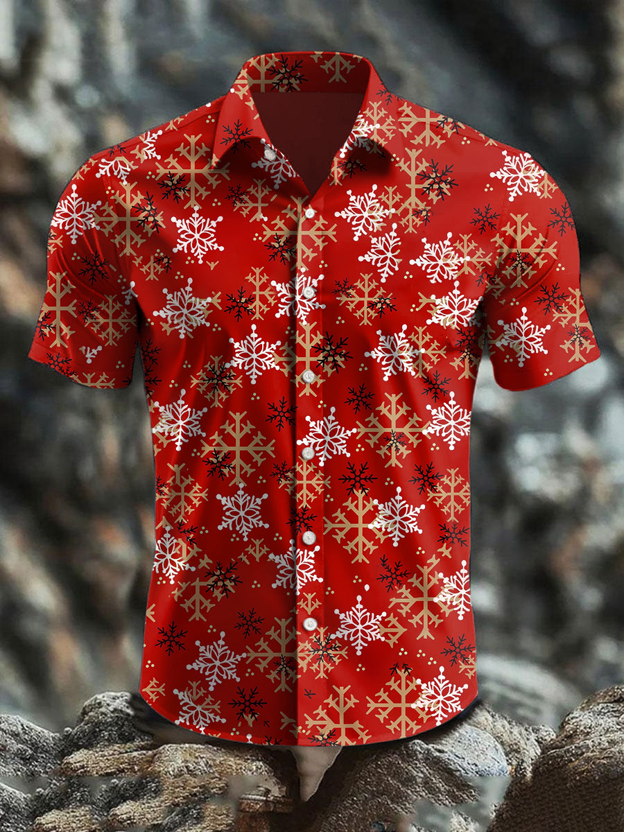 Men's  Retro Christmas Snowflake Art Abstract Print Casual Cotton Short Sleeve Shirt