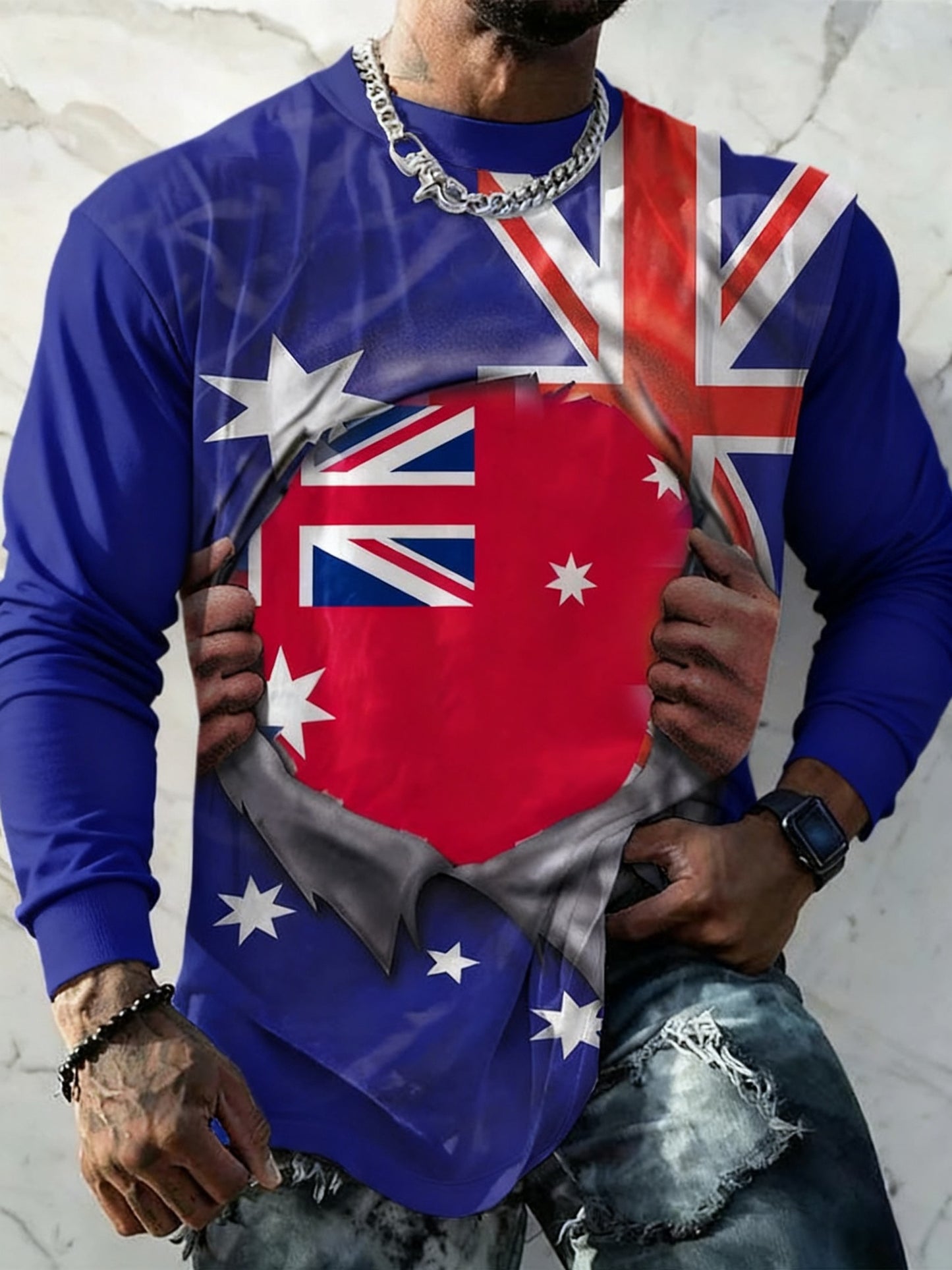 Vintage Australian Flag Badge Print Casual Long Sleeve Round Neck T-Shirt