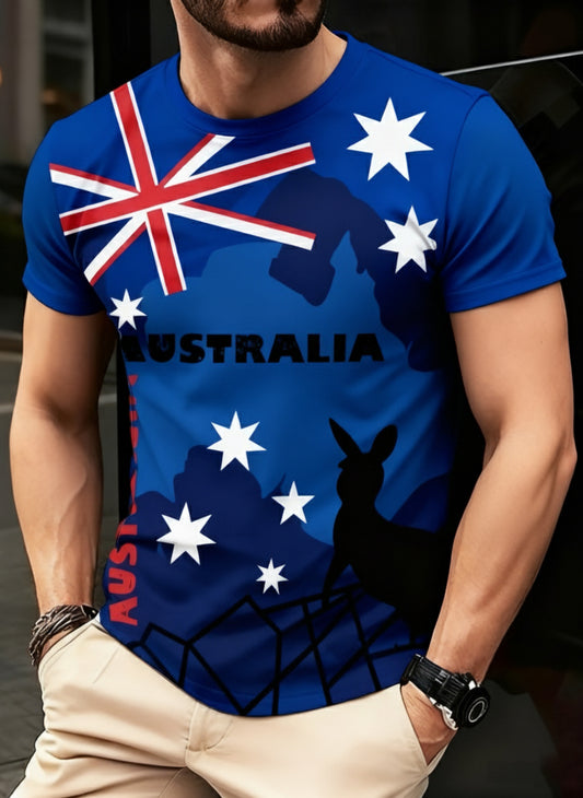 Vintage Australian Flag Badge Kangaroo Print Casual Cotton Short Sleeve T-Shirt