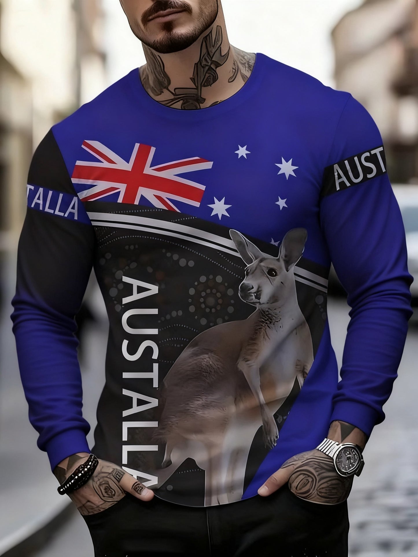 Vintage Australian Flag Badge Kangaroo Print Casual Long Sleeve Round Neck T-Shirt
