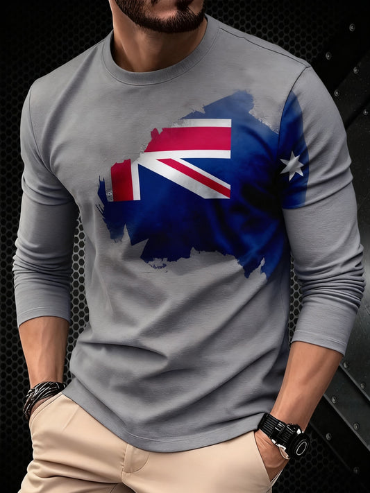 Vintage Australian Flag Badge Print Casual Long Sleeve Round Neck T-Shirt