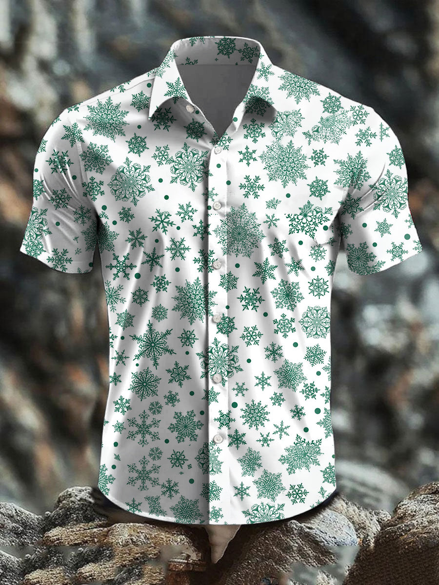 Men's  Retro Christmas Snowflake Art Abstract Print Casual Cotton Short Sleeve Shirt