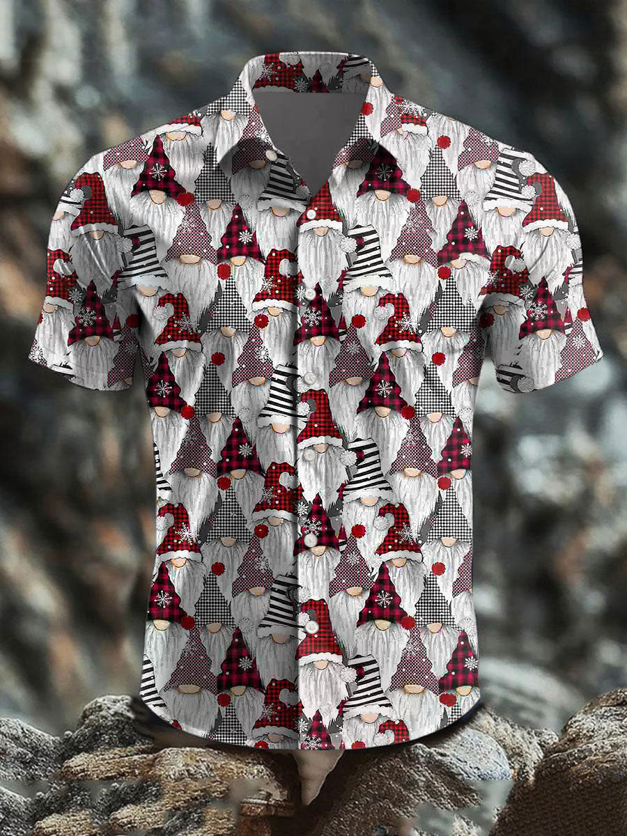 Men's  Vintage Christmas Gnome Art Abstract Print Casual Cotton Short Sleeve Shirt