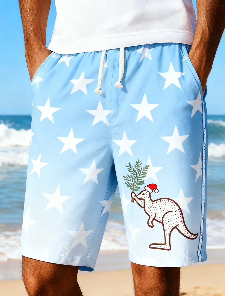 Men's Australian Christmas Art Print Summer Vacation Beach Surfing Shorts Swim Trunks