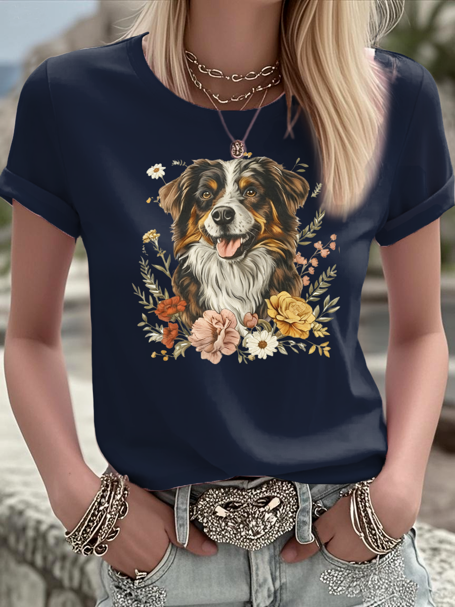 Women's Australian Shepherd Dog Flowers Vintage Aussie Mom Australian Shepherd T Shirt
