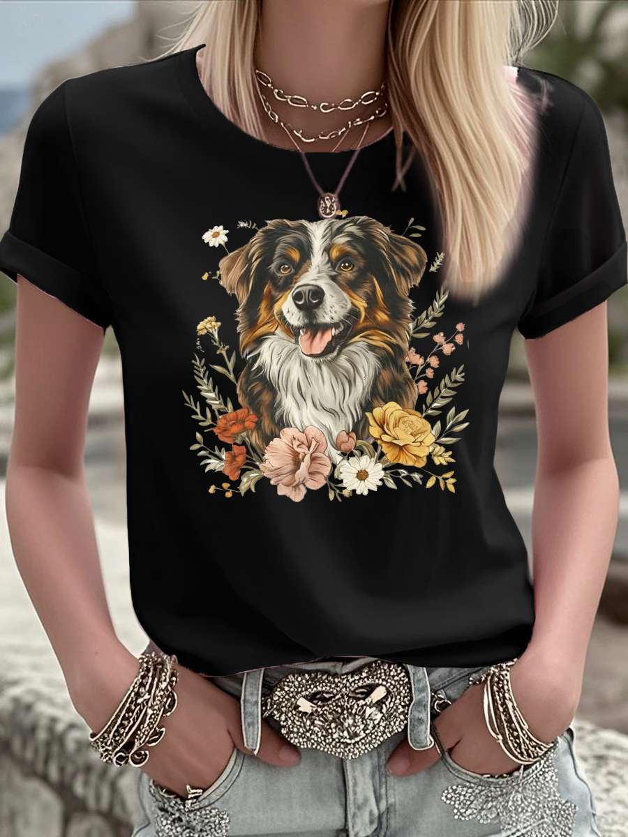 Women's Australian Shepherd Dog Flowers Vintage Aussie Mom Australian Shepherd T Shirt
