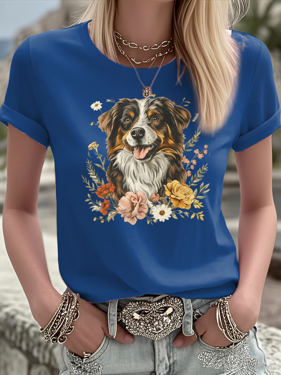 Women's Australian Shepherd Dog Flowers Vintage Aussie Mom Australian Shepherd T Shirt