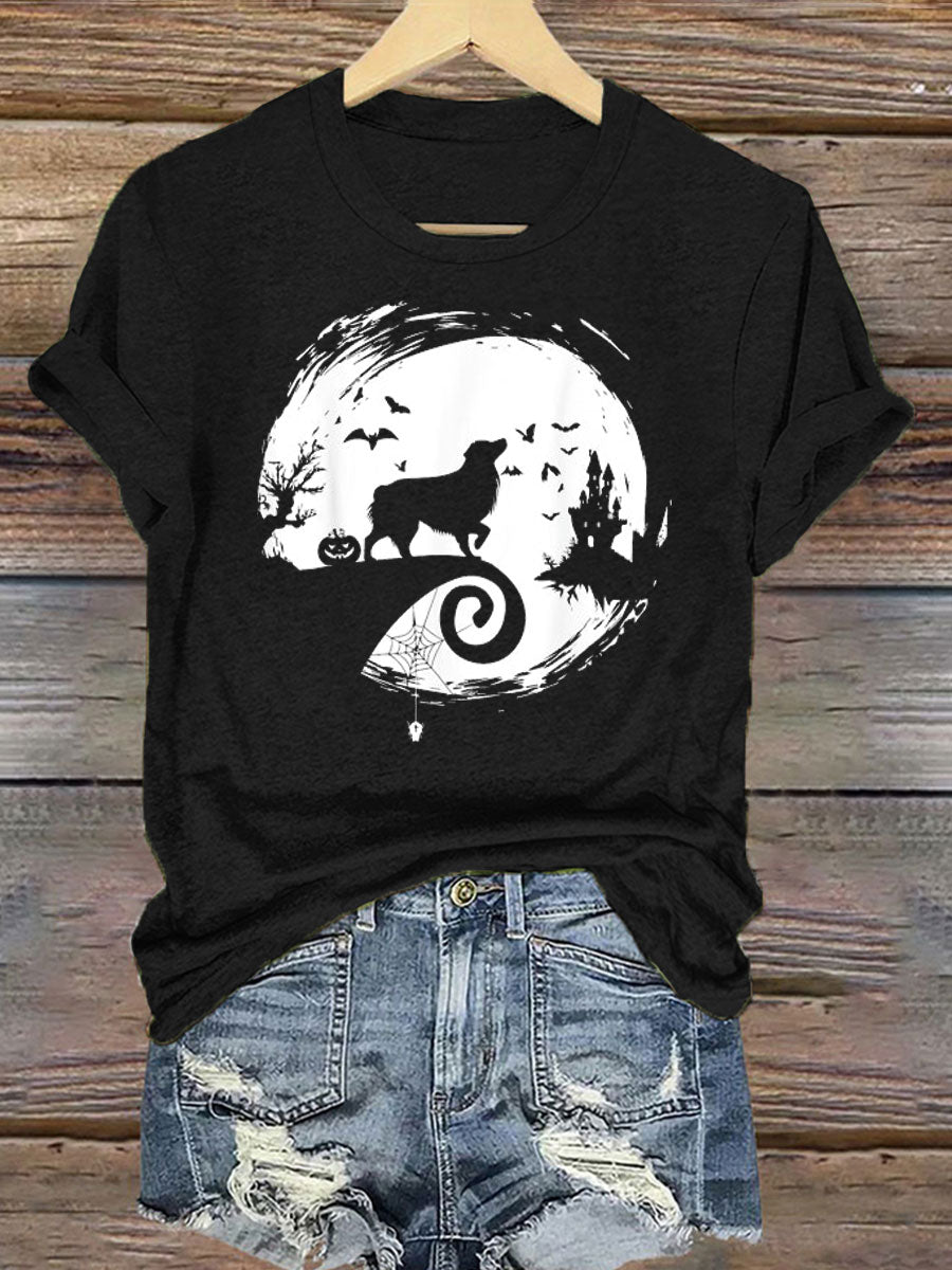 Women's Aussie Halloween Costume Moon Silhouette Creepy Australian Shepherd Iron On Short Sleeve T-Shirt