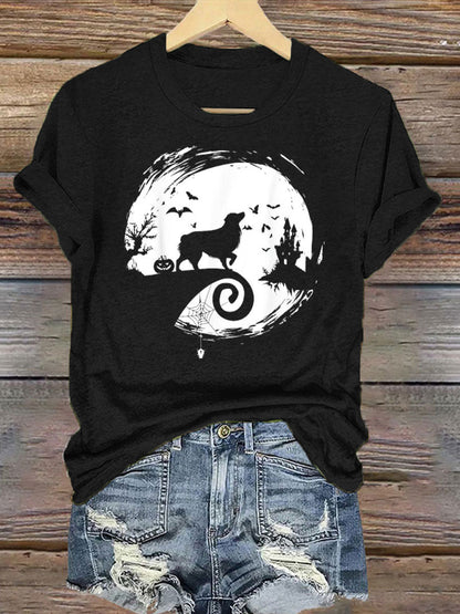 Women's Aussie Halloween Costume Moon Silhouette Creepy Australian Shepherd Iron On Short Sleeve T-Shirt