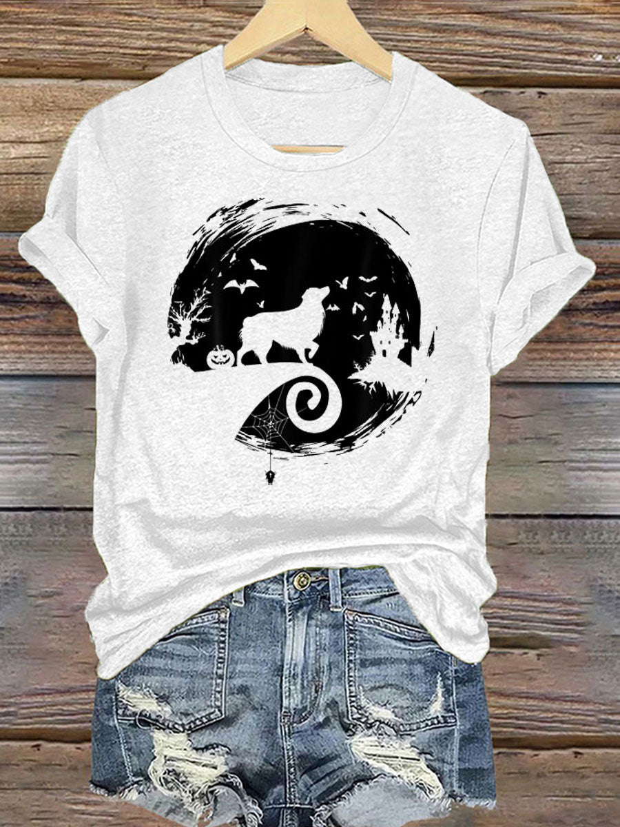 Women's Aussie Halloween Costume Moon Silhouette Creepy Australian Shepherd Iron On Short Sleeve T-Shirt