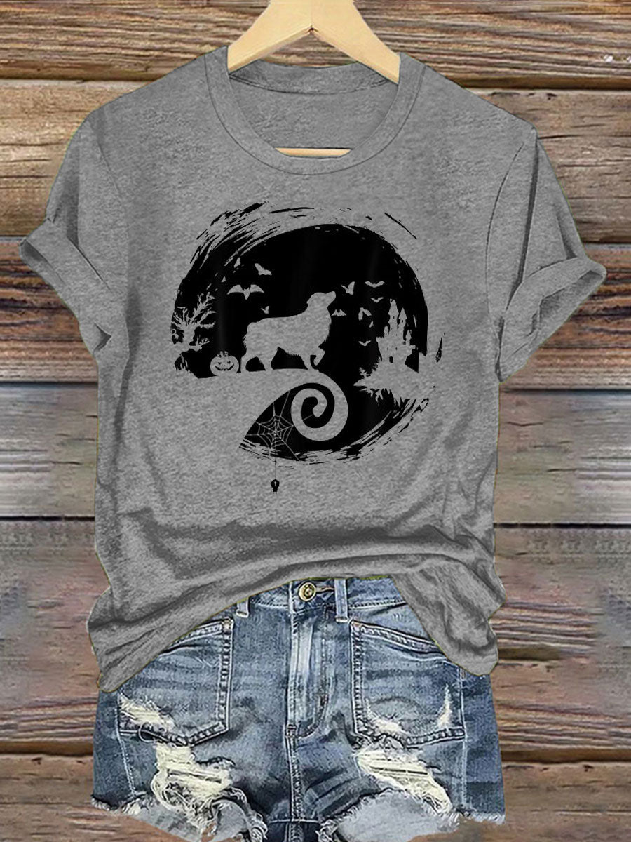 Women's Aussie Halloween Costume Moon Silhouette Creepy Australian Shepherd Iron On Short Sleeve T-Shirt