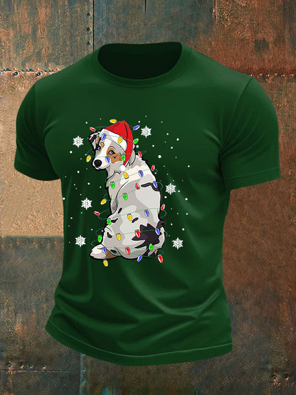Men's Australian Shepherd Christmas Dog Xmas Lights Tree T-shirt