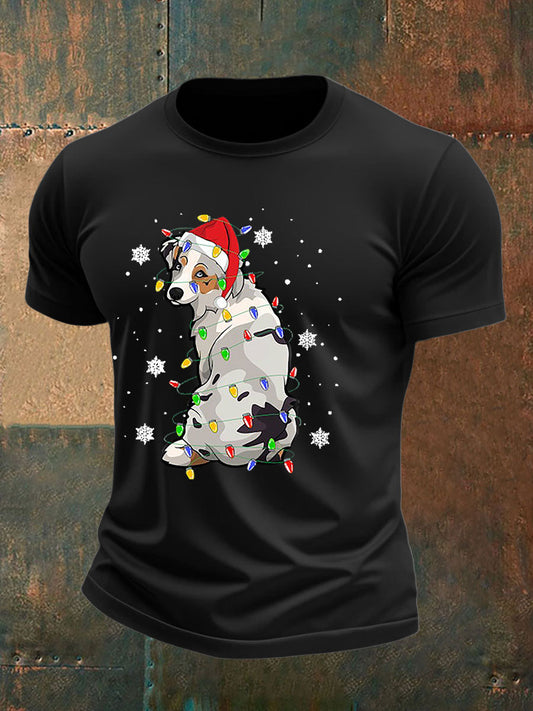 Men's Australian Shepherd Christmas Dog Xmas Lights Tree T-shirt