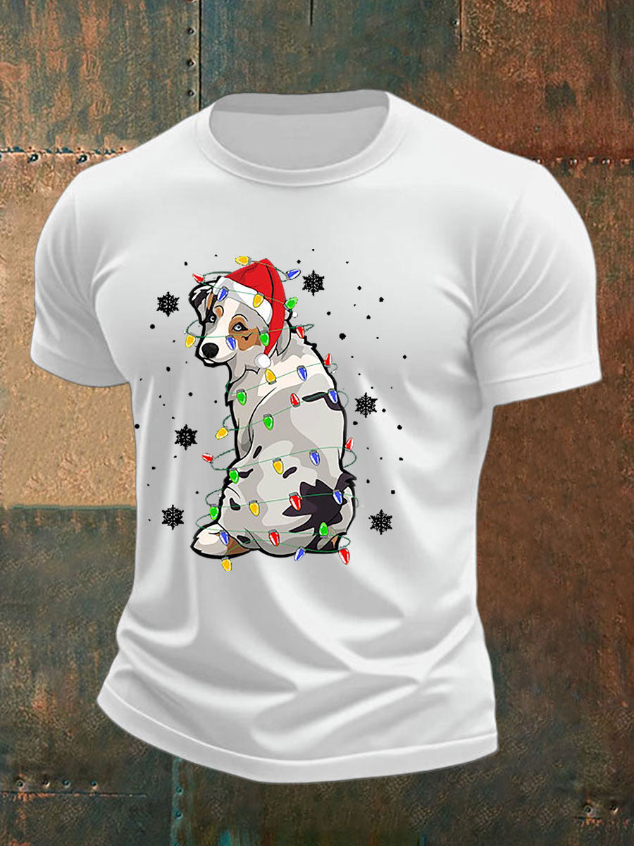 Men's Australian Shepherd Christmas Dog Xmas Lights Tree T-shirt