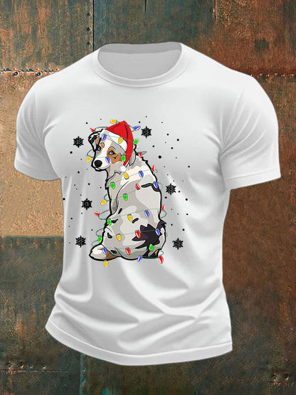 Men's Australian Shepherd Christmas Dog Xmas Lights Tree T-shirt