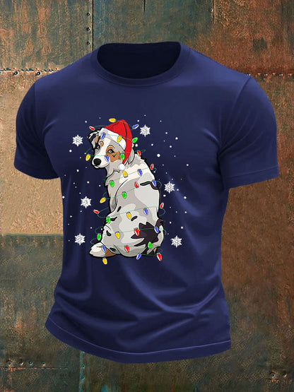 Men's Australian Shepherd Christmas Dog Xmas Lights Tree T-shirt