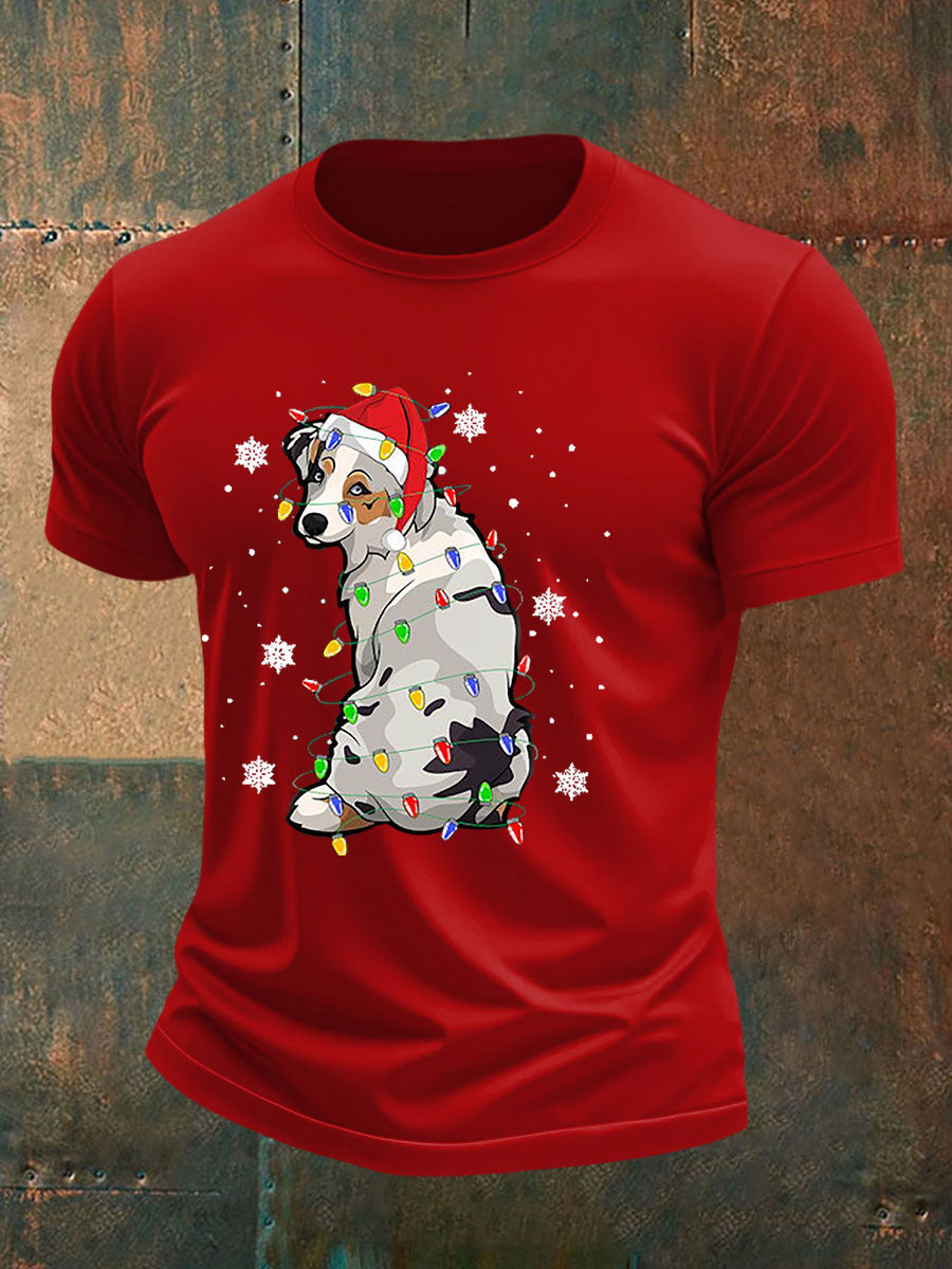 Men's Australian Shepherd Christmas Dog Xmas Lights Tree T-shirt